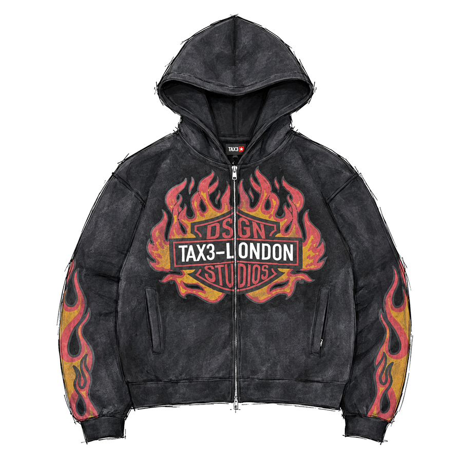 Flame Zip-Up Hoodie - Washed Black