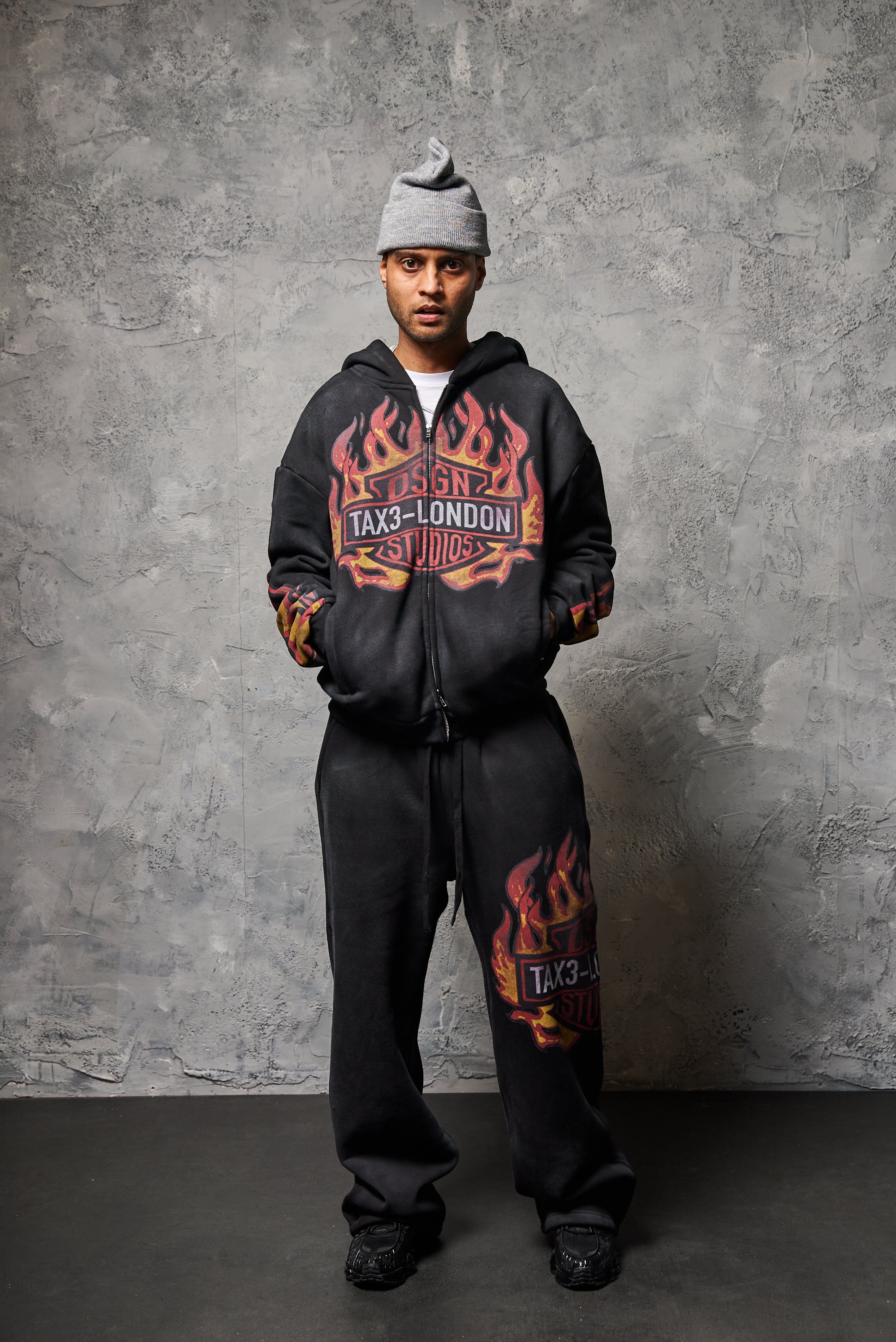 Flame Zip-Up Hoodie - Washed Black